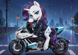 Size: 3744x2664 | Tagged: safe, ai content, derpibooru import, machine learning generated, rarity, pony, unicorn, g4, city, clothes, female, helmet, horn, jacket, leather, leather jacket, looking at you, mare, motorcycle, night, outdoors, prompter:bluetoothworld, rain, road, smiling, solo, wallpaper