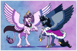 Size: 2100x1400 | Tagged: safe, artist:inuhoshi-to-darkpen, derpibooru import, oc, oc only, oc:lactis, oc:spitzer, alicorn, belly, concave belly, duo, female, gradient background, horn, large wings, male, not king sombra, passepartout, rearing, slender, spread wings, thin, wings