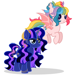 Size: 1920x1920 | Tagged: safe, artist:cirillaq, derpibooru import, oc, oc only, oc:artemis, oc:rainbow skies, bat pony, pony, unicorn, female, horn, jewelry, mare, simple background, transparent background, vector