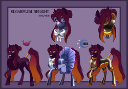 Size: 3600x2520 | Tagged: safe, artist:parrpitched, derpibooru import, oc, oc:sugarplum delight(fireverse), earth pony, alternate universe, boots, clothes, earth pony oc, fireheart76's latex suit design, gloves, latex, latex boots, latex gloves, latex suit, prisoners of the moon, reference sheet, rubber, rubber gloves, rubber suit, shoes