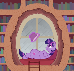 Size: 1480x1416 | Tagged: safe, artist:waffletheheadmare, derpibooru import, twilight sparkle, unicorn, book, bookshelf, horn, indoors, ladder, library, magic, oak tree, pillow, rain, reading, smiling, tree, window