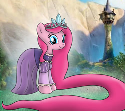 Size: 1280x1136 | Tagged: safe, artist:mlplary6, derpibooru import, pinkie pie, earth pony, pony, clothes, cute, diapinkes, disney princess, dress, female, jewelry, long mane, mare, outdoors, rapunzel, smiling, solo, tangled (disney), tiara, tower