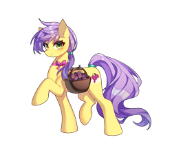 Size: 1901x1711 | Tagged: safe, artist:alus, derpibooru import, oc, oc only, oc:plum blossoms, earth pony, pony, basket, earth pony oc, female, looking at you, mane tie, mare, neck bow, plum, raised hoof, raised leg, simple background, smiling, solo, tail tie, transparent background