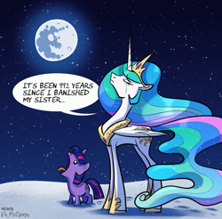 Size: 2133x2100 | Tagged: safe, artist:askometa, derpibooru import, princess celestia, twilight sparkle, alicorn, pony, unicorn, concave belly, full body, funny, horn, mare in the moon, meme, moon, night, physique difference, snow, snowflake, tall, text, thin, vegeta in the rain