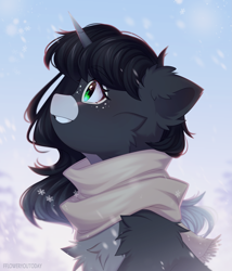 Size: 1881x2200 | Tagged: safe, artist:floweryoutoday, derpibooru import, oc, oc:obsidian limelight, crystal pony, unicorn, clothes, horn, looking to side, looking to the left, scarf, smiling, snow