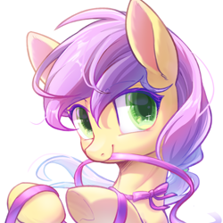 Size: 2000x2000 | Tagged: safe, artist:秋田伊子, derpibooru import, oc, oc only, oc:plum blossoms, earth pony, pony, cute, earth pony oc, female, green eyes, looking at you, mare, neck bow, purple mane, simple background, smiling, solo