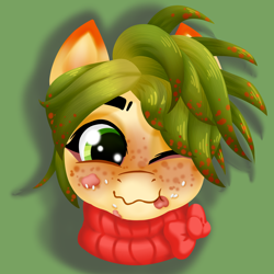 Size: 4000x4000 | Tagged: safe, artist:mosssong, derpibooru import, oc, oc only, oc:kimchi, earth pony, pony, bow, bust, clothes, eating, food, freckles, green background, green eyes, green mane, lineless, male, messy eating, one eye closed, portrait, rice, sauce, simple background, smiling, solo, speckled, spots, stallion, sweater, tomato sauce, turtleneck, wink, yellow fur