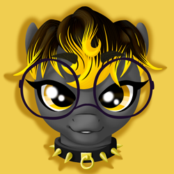 Size: 4000x4000 | Tagged: safe, artist:mosssong, derpibooru import, oc, oc only, oc:durpy, pegasus, pony, :3, airplane ears, black and yellow mane, bust, collar, dark grey fur, femboy, glasses, golden eyes, grey fur, lineless, looking at you, male, portrait, round glasses, short mane, simple background, solo, spiked collar, stallion, yellow background