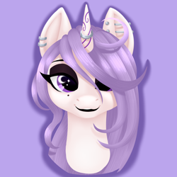 Size: 4000x4000 | Tagged: safe, artist:mosssong, derpibooru import, oc, oc only, oc:queen lexi, alicorn, pony, beauty mark, black eyeshadow, black lipstick, bust, ear piercing, eyeshadow, female, horn, horn ring, jewelry, lavender mane, lineless, lipstick, makeup, mare, piercing, portrait, purple background, purple eyes, purple mane, ring, simple background, smiling, solo, white fur