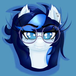 Size: 4000x4000 | Tagged: safe, artist:mosssong, derpibooru import, oc, oc only, oc:misty days, pony, blue background, blue mane, bucktooth, bust, chubby cheeks, demiphant, ear fluff, ear piercing, ears, fluffy mane, glasses, lineless, long eyelashes, no pupils, piercing, portrait, round glasses, simple background, solo, white fur