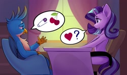 Size: 2002x1175 | Tagged: safe, artist:kittytitikitty, derpibooru import, gallus, starlight glimmer, griffon, pony, unicorn, g4, chair, cherry, curtains, desk, duo, duo male and female, female, food, heart, horn, implied sex, male, pictogram, question mark, safety pin, school, sitting, spoken heart, window