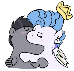 Size: 1536x1464 | Tagged: safe, artist:tweekstudio, derpibooru import, oc, oc only, oc:danzei animation jora, oc:tweek, pegasus, pony, crown, ear piercing, jewelry, kissing, meme, piercing, regalia, simple background, tattoo, wings