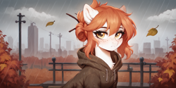 Size: 2400x1200 | Tagged: safe, ai content, derpibooru import, machine learning generated, oc, oc only, oc:victoria orlova, autumn, bust, clothes, hoodie, leaves, portrait, power line, prompter:greesys, rain, solo