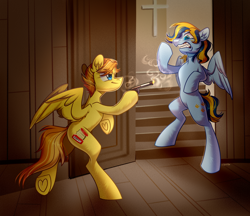 Size: 4400x3800 | Tagged: safe, artist:k0potb, derpibooru import, oc, oc only, pegasus, pony, bipedal, duo, gun, hoof hold, pegasus oc, weapon