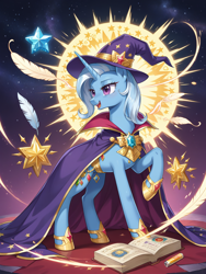 Size: 1024x1360 | Tagged: source needed, safe, ai content, derpibooru import, machine learning generated, trixie, pony, unicorn, g4, book, female, horn, jewelry, magic, moon, prompter needed, solo, stars