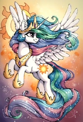 Size: 1248x1824 | Tagged: safe, ai content, derpibooru exclusive, derpibooru import, generator:pony diffusion v6 xl, generator:stable diffusion, machine learning generated, princess celestia, alicorn, pony, g4, abstract background, crown, ear fluff, ears, female, flying, jewelry, mare, peytral, prompter:siber, regalia, smiling, solo, spread wings, windswept mane, wings