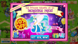 Size: 1136x640 | Tagged: safe, derpibooru import, princess celestia, alicorn, pony, g4, advertisement, costs real money, crown, discount, english, ethereal mane, female, gameloft, gem, horn, jewelry, mare, mobile game, my little pony: magic princess, numbers, regalia, sale, solo, spread wings, stock vector, text, wings