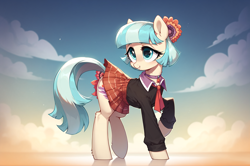 Size: 2760x1832 | Tagged: safe, ai content, derpibooru import, machine learning generated, coco pommel, earth pony, pony, g4, clothes, cloud, cocobetes, cute, female, head turn, looking back, looking to side, looking to the left, mare, necktie, pleated skirt, prompter:kuporosso, side view, skirt, sky, smiling, solo, striped skirt