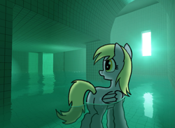 Size: 1477x1080 | Tagged: safe, artist:legendoflink, derpibooru import, derpy hooves, pegasus, pony, g4, female, liminal space, mare, poolrooms, solo, wading, water