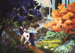 Size: 1700x1200 | Tagged: safe, artist:mrmark, derpibooru import, oc, oc only, oc:aura, unicorn, bush, cloud, commission, day, flower, grass, horn, log, male, nature, outdoors, solo, stroll, tree, walking, water, waterfall