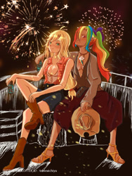 Size: 750x1000 | Tagged: source needed, safe, artist:tebieaichiyu, derpibooru import, applejack, rainbow dash, human, g4, absolute cleavage, applejack's hat, boots, breasts, cleavage, clothes, cowboy hat, cutie mark accessory, cutie mark necklace, duo, female, fireworks, freckles, hat, high heels, humanized, jewelry, necklace, ponytail, shoes