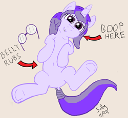 Size: 4336x4032 | Tagged: safe, artist:mellow91, artist:sollace, color edit, derpibooru exclusive, derpibooru import, edit, oc, oc only, oc:glass sight, pony, unicorn, absurd resolution, arrow, bellyrubs, boop, colored, cute, featureless crotch, female, frog (hoof), glasses, horn, looking at you, lying down, mare, on back, signature, simple background, smiling, smirk, solo, tail, tail wrap, underhoof, unicorn oc