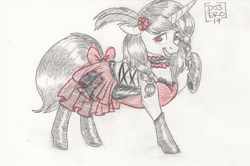 Size: 4689x3119 | Tagged: safe, artist:dojero, derpibooru import, oc, oc only, oc:aura, unicorn, 2019, absurd file size, absurd resolution, bow, braid, choker, clothes, colored sketch, commission, crossdressing, dress, feather, feather in hair, femboy, horn, limited palette, male, pencil drawing, saloon dress, sketch, socks, solo, tail, tail bow, traditional art