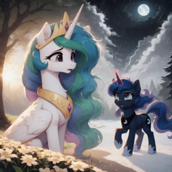 Size: 1024x1024 | Tagged: safe, ai content, artist:venisoncreampie, derpibooru import, generator:pony diffusion v6 xl, generator:stable diffusion, machine learning assisted, machine learning generated, princess celestia, princess luna, alicorn, pony, g4, crying, duo, female, filly, foal, glowing horn, horn, magic, mare, moon, open mouth, outdoors, royal sisters, siblings, sisters, storm, sun, woona, younger