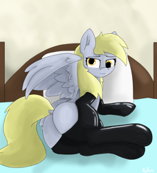 Size: 2718x3000 | Tagged: safe, artist:aubs, derpibooru import, derpy hooves, pegasus, pony, g4, :3, bed, bubble butt, butt, clothes, dock, female, latex, latex socks, looking back, lying down, mare, newbie artist training grounds, on bed, on side, plot, socks, solo, tail