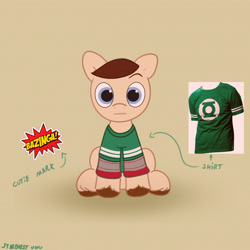 Size: 2480x2480 | Tagged: safe, artist:starburstuwu, derpibooru import, earth pony, pony, :|, bazinga, beige background, clothes, dc comics, green lantern, high res, looking at you, ponified, sheldon cooper, shirt, signature, simple background, solo, species swap, the big bang theory, unshorn fetlocks