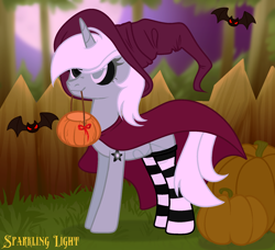 Size: 1800x1640 | Tagged: safe, artist:yeetmedownthestairs, derpibooru import, oc, oc only, oc:neigh-jing, bat, pony, unicorn, black sclera, clothes, commission, female, full moon, halloween, hat, heterochromia, holiday, horn, mare, moon, mouth hold, night, pumpkin, pumpkin bucket, socks, solo, striped socks, tattoo, tree, witch, witch costume, witch hat, ych result, yin-yang