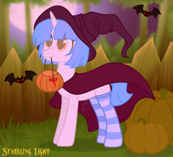 Size: 1800x1640 | Tagged: safe, artist:yeetmedownthestairs, derpibooru import, oc, oc only, oc:bright color, bat, pony, unicorn, clothes, commission, female, full moon, halloween, hat, holiday, horn, mare, moon, mouth hold, night, pumpkin, pumpkin bucket, socks, solo, striped socks, tree, witch, witch costume, witch hat, ych result