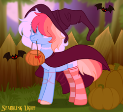 Size: 1800x1640 | Tagged: safe, artist:yeetmedownthestairs, derpibooru import, oc, oc only, oc:fae, bat, pony, unicorn, choker, clothes, coat markings, commission, female, full moon, halloween, hat, holiday, horn, mare, moon, mouth hold, multicolored hair, night, pumpkin, pumpkin bucket, rainbow hair, socks, solo, striped socks, tree, unshorn fetlocks, witch, witch costume, witch hat, ych result