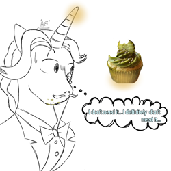 Size: 1280x1280 | Tagged: safe, artist:fancytreats, derpibooru import, fancypants, unicorn, g4, crumbs, crumbs around mouth, cupcake, digital art, eyebrows, food, glowing, glowing horn, horn, pickle, pickle cupcake, raised brow, signature, simple background, sweat, sweatdrop, text, thought bubble, white background