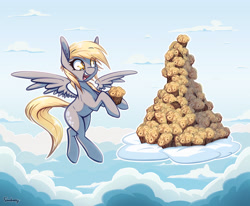 Size: 3029x2493 | Tagged: safe, artist:fancheesy, derpibooru import, derpy hooves, pegasus, pony, g4, cloud, explicit source, female, flying, food, gasp, muffin, open mouth, sky, smiling, solo, starry eyes, that pony sure does love muffins, wingding eyes