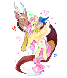 Size: 750x870 | Tagged: safe, artist:fhroggy, derpibooru import, discord, fluttershy, draconequus, pegasus, pony, discoshy, female, hand on neck, heart, male, shipping, simple background, straight, transparent background