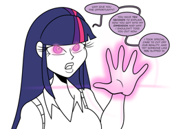 Size: 1800x1350 | Tagged: safe, artist:chillguydraws, artist:thicc-verse, derpibooru import, twilight sparkle, human, g4, comic, dialogue, female, glowing, glowing eyes, humanized, implied sunset shimmer, magic, partial color, solo, speech bubble