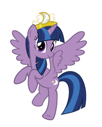 Size: 2024x2515 | Tagged: safe, artist:alicesponycorner, derpibooru import, twilight sparkle, twilight sparkle (alicorn), twilight twinkle, alicorn, pony, g3, g4, alicorn wings, alternate cutie mark, alternate eye color, alternate hair color, alternative universe, blue hair, blue mane, blue tail, crescent moon, crown, female, flying, jewelry, looking at you, mare, moon, old design, palette swap, purple coat, purple eyes, race swap, raised hoof, raised leg, recolor, regalia, show accurate, show bible, simple background, smiling, smiling at you, solo, spread wings, straight hair, straight mane, straight tail, tail, transparent background, what could have been, wings