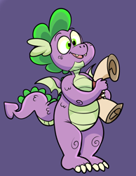 Size: 1146x1476 | Tagged: safe, artist:beastofeuthanasia, derpibooru import, spike, dragon, g4, fangs, male, open mouth, open smile, purple background, scroll, simple background, smiling, solo, winged spike, wings