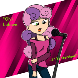 Size: 3000x3000 | Tagged: safe, artist:reviare, derpibooru import, sweetie belle, human, g4, eyebrows, eyebrows visible through hair, female, humanized, microphone, older, older sweetie belle, singing, solo, song reference, the beatles