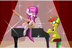 Size: 2962x2024 | Tagged: safe, artist:rcflashfreak, derpibooru import, oc, oc only, earth pony, pony, unicorn, duo, glasses, guitar, horn, microphone, musical instrument, piano, singing