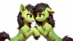 Size: 5120x2880 | Tagged: safe, ai content, derpibooru import, machine learning generated, oc, oc only, oc:anon filly, duo, female, filly, foal, generator:bluefox mix, looking at each other, looking at someone, prompt in description, prompter:derp621, self paradox, self ponidox, simple background, smiling, smiling at each other