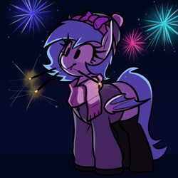 Size: 960x960 | Tagged: safe, artist:thebatfang, derpibooru import, oc, oc only, oc:lucky roll, bat pony, pony, bat pony oc, clothes, female, fireworks, guy fawkes day, hat, mare, mouth hold, night, scarf, smiling, socks, solo, sparkler (firework), stockings, thigh highs, winter hat, winter outfit