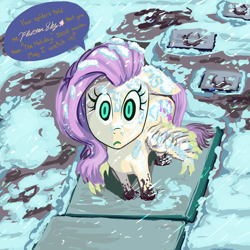 Size: 2500x2500 | Tagged: safe, artist:thelastenforcement, derpibooru import, fluttershy, pegasus, pony, g4, female, green mouth, high angle, looking at you, mare, muddy hooves, path, rain, snow, solo, staring into your soul, stepping stones, wet