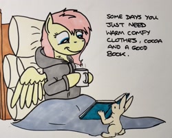 Size: 2047x1648 | Tagged: safe, artist:hoofclid, derpibooru import, angel bunny, fluttershy, pegasus, pony, rabbit, g4, animal, blanket, book, clothes, coffee mug, duo, duo male and female, female, hoodie, hoof hold, male, mare, marker drawing, messy mane, mug, pillow, reading, text, traditional art