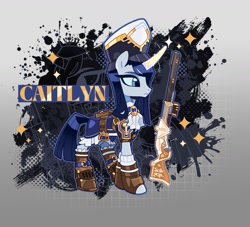 Size: 1483x1345 | Tagged: safe, artist:rotten_hyena, derpibooru import, pony, unicorn, arcane, bangs, belt, boots, caitlyn, caitlyn (league of legends), closed mouth, clothes, cravat, curved horn, digital art, female, frilly, g4 style, glowing, glowing horn, gun, hat, horn, league of legends, magic, mare, open toe shoes, ponified, rifle, shoes, side view, skirt, solo, species swap, standing, telekinesis, uniform, weapon