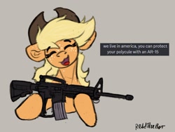 Size: 1104x829 | Tagged: safe, artist:reddthebat, derpibooru import, applejack, earth pony, pony, g4, ar-15, bust, cute, dialogue, ear fluff, ears, female, floppy ears, gray background, hoof hold, hoofgun, implied polyamory, jackabetes, mare, open mouth, open smile, signature, simple background, smiling, solo