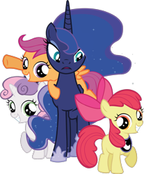 Size: 2006x2315 | Tagged: safe, derpibooru import, apple bloom, princess luna, scootaloo, sweetie belle, alicorn, earth pony, pegasus, pony, unicorn, g4, .svg available, cutie mark crusaders, female, filly, foal, hoof shoes, horn, mare, official, scootaloo riding luna, simple background, svg, transparent background, vector