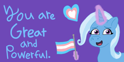 Size: 1604x810 | Tagged: safe, artist:shucku, derpibooru import, trixie, unicorn, g4, female, flag, horn, mouthpiece, pride, pride flag, simple background, trans female, trans trixie, transgender, transgender pride flag