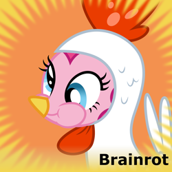 Size: 1024x1024 | Tagged: safe, artist:cloudy glow, artist:parclytaxel, derpibooru import, edit, pinkie pie, pony, g4, luna eclipsed, animal costume, brainrot, chicken pie, chicken suit, clothes, costume, derpibooru, funny face, meta, nightmare night, nightmare night costume, spoilered image joke, vector, vector edit